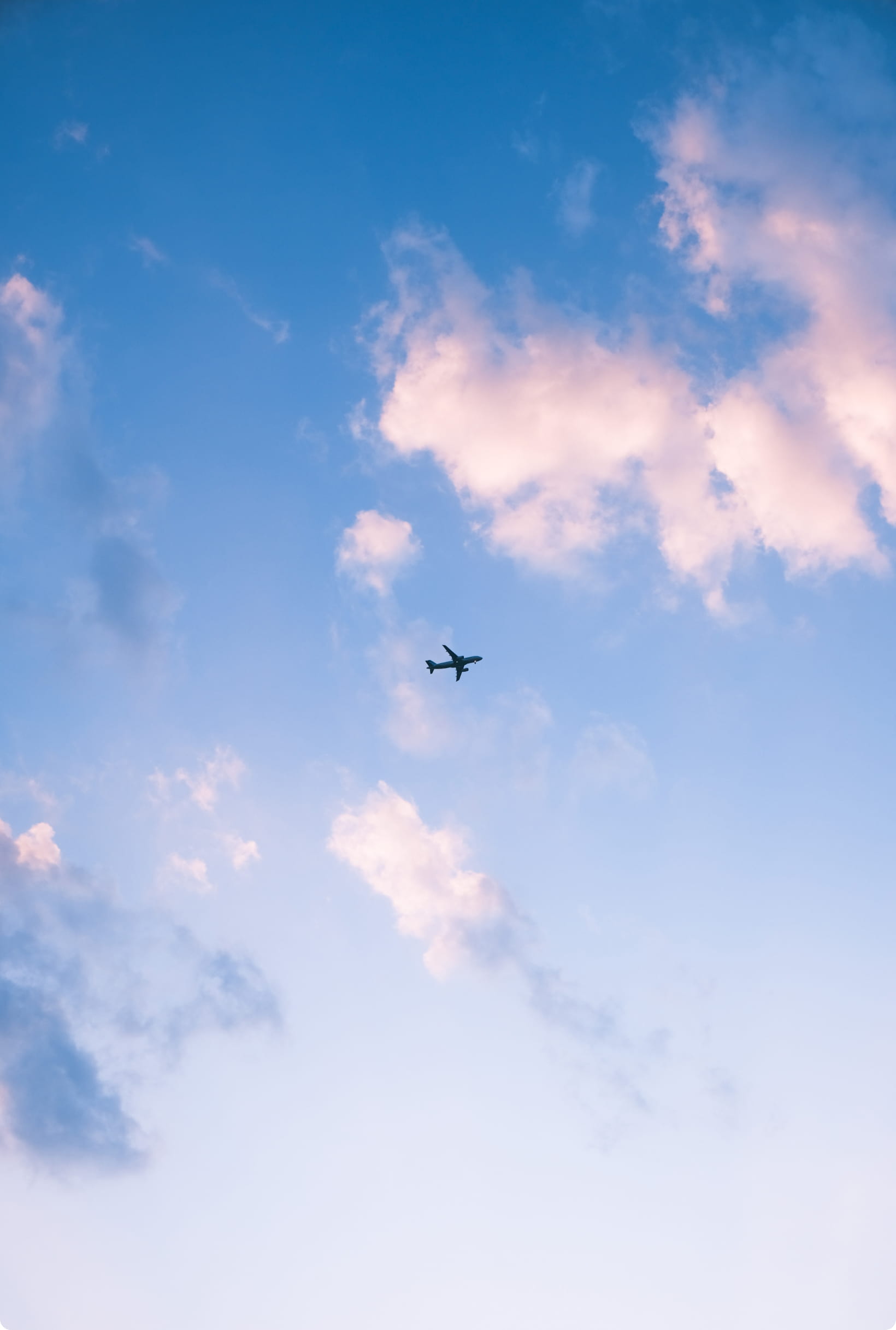 メインビジュアル画像。雲が少しかかっている青空の中心に小さな飛行機が写っている。